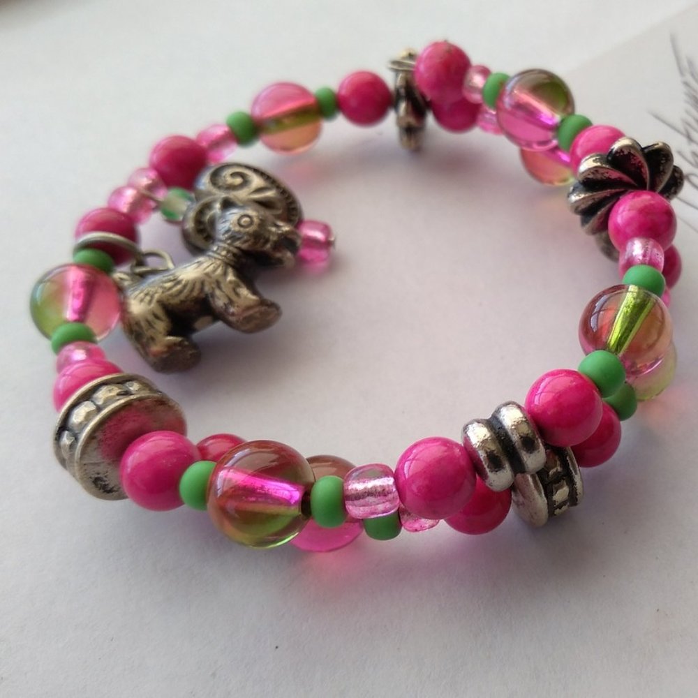 Pink & Green multi color elastic stretch wire costume bangle bracelet handmade